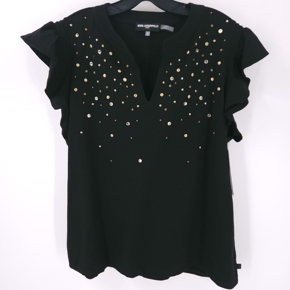 Karl Lagerfeld Paris Studded Ruffle Knit Black Short Sleeve Top Womens Size XL - Picture 2 of 10